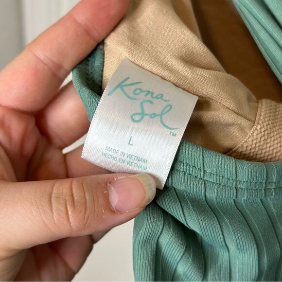 Kona Sol Sage Green Ribbed Crossover Back One Piece Swimsuit Sz L Minimalist - Picture 8 of 9